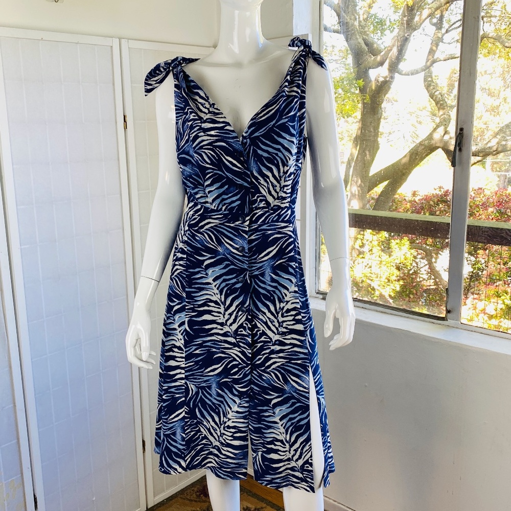 ALTUZARRA, Blue Print Silk Knee-Length Button Down Dress, 10.
